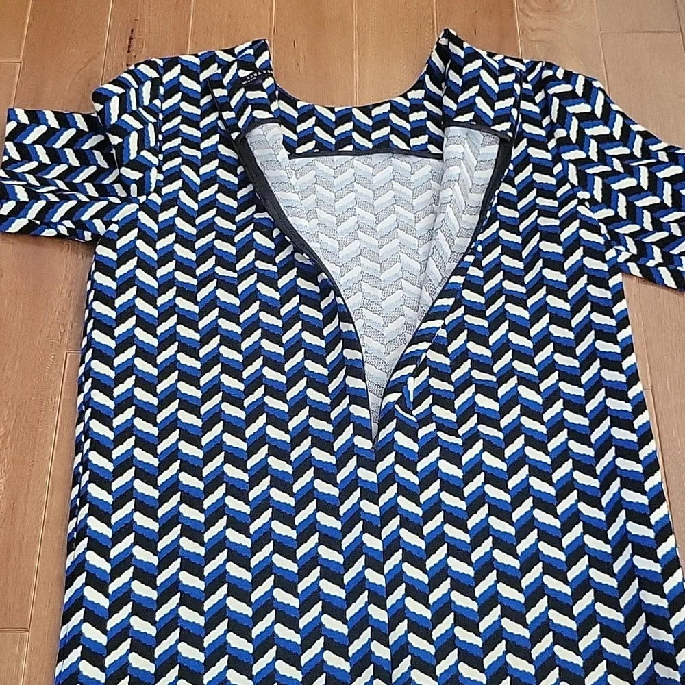 Zara Women Mod Short Sleeve‎ Shirt Dress Blue white black Chevron Small